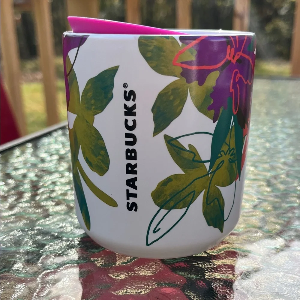 Starbucks White Mug with Green and Purple Floral Design - Picture 1 of 8